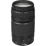A black Canon EF 75-300mm f/4-5.6 III telephoto zoom lens with a silver ring and focus scale, mounted on a camera or displayed on a flat surface.