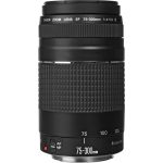 A black Canon EF 75-300mm f/4-5.6 III telephoto zoom lens with a silver ring and focus scale, mounted on a camera or displayed on a flat surface.