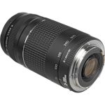 A black Canon EF 75-300mm f/4-5.6 III telephoto zoom lens with a silver ring and focus scale, mounted on a camera or displayed on a flat surface.