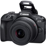 Canon EOS R100 mirrorless camera with RF-S 18-45mm f/4.5-6.3 IS STM lens, perfect for vlogging, travel, and photography. Available at Camera Stuff Kenya.
