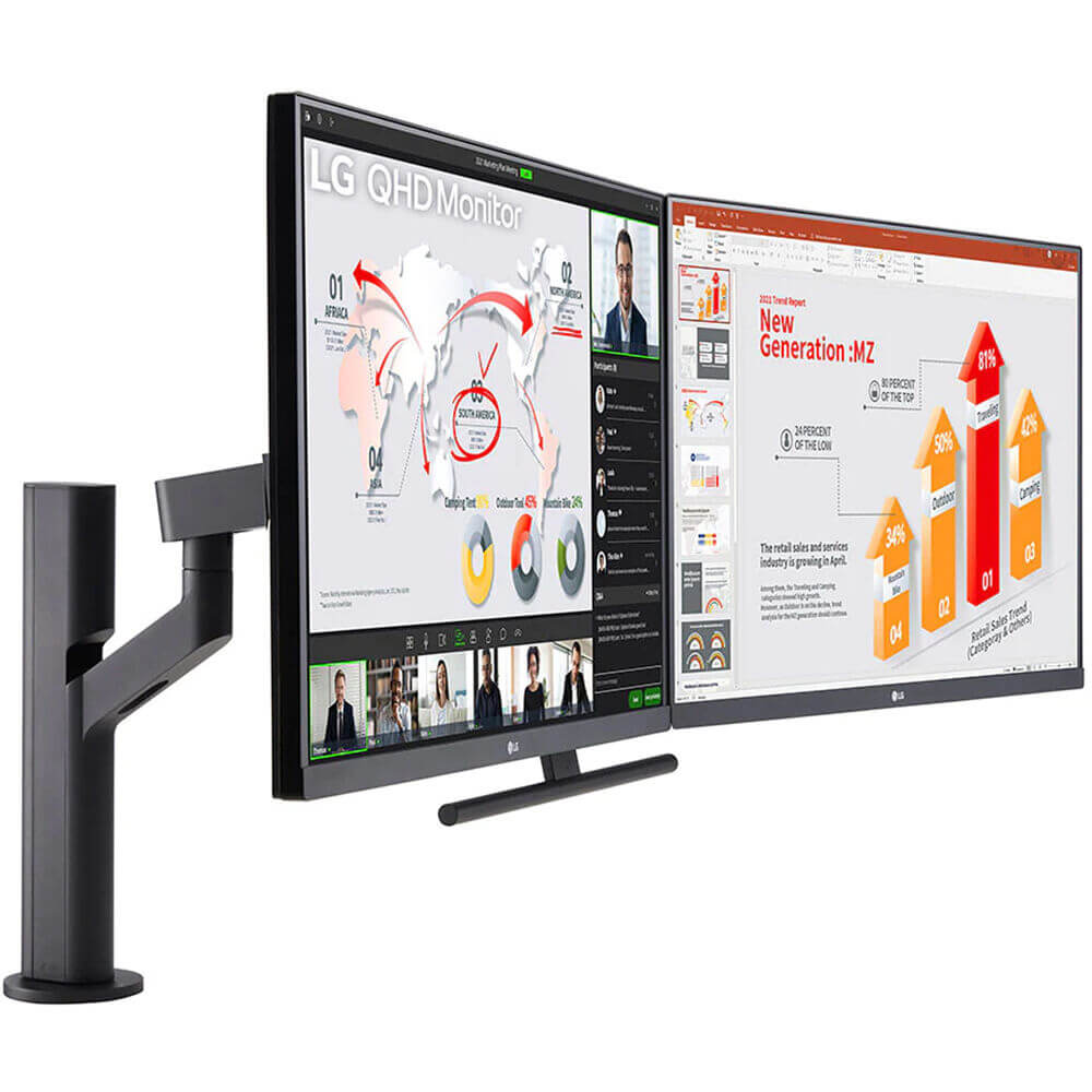 Ergo Dual 27-inch QHD Monitor with adjustable arm and ultra-thin bezels for professional photo and video editing