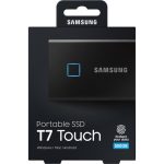 Samsung 500GB T7Portable SSD resting on a flat surface. The compact, rectangular device features a smooth, matte finish with a small fingerprint sensor on the front for secure access. Its lightweight and durable design makes it ideal for on-the-go storage, offering high-speed data transfer and reliable performance.