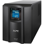 A compact UPS (Uninterruptible Power Supply) unit with a digital display, connected to multiple devices, providing backup power during electrical outages to keep equipment running smoothly.