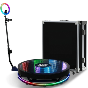 A 360-degree photo booth with an automatic infinity mirror, featuring a sleek, modern design. The booth captures immersive, panoramic photos while the infinity mirror creates a visually stunning, endless reflection effect.
