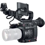 Canon EOS C200 Cinema Camera with a compact design, featuring a large LCD screen, built-in handle, and Canon EF lens mount, ideal for professional filmmaking.