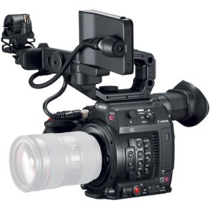 Canon EOS C200 Cinema Camera with a compact design, featuring a large LCD screen, built-in handle, and Canon EF lens mount, ideal for professional filmmaking.