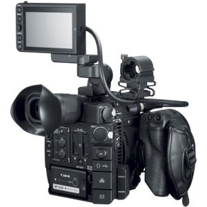 Canon EOS C200 Cinema Camera with a compact design, featuring a large LCD screen, built-in handle, and Canon EF lens mount, ideal for professional filmmaking.