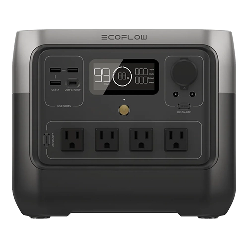 EcoFlow RIVER 2 Pro Portable Power Station with 800W output, displaying LCD screen, multiple ports, and compact design for outdoor or emergency power.