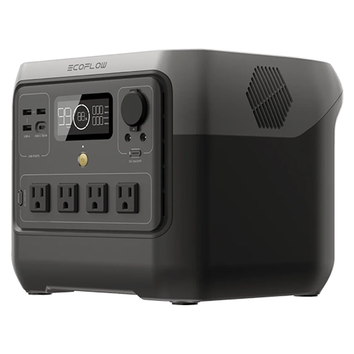 EcoFlow RIVER 2 Pro Portable Power Station with 800W output, displaying LCD screen, multiple ports, and compact design for outdoor or emergency power.