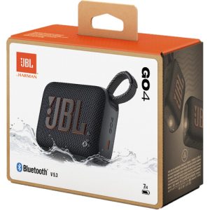A compact red JBL Go 4 portable Bluetooth speaker with a fabric-covered design, rubberized edges, and a built-in carrying loop, resting on a flat surface.