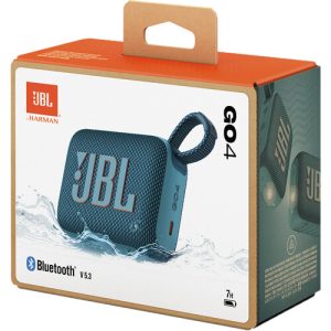 A compact red JBL Go 4 portable Bluetooth speaker with a fabric-covered design, rubberized edges, and a built-in carrying loop, resting on a flat surface.