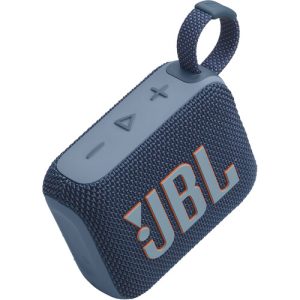 A compact red JBL Go 4 portable Bluetooth speaker with a fabric-covered design, rubberized edges, and a built-in carrying loop, resting on a flat surface.