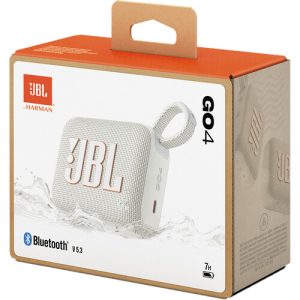 A compact red JBL Go 4 portable Bluetooth speaker with a fabric-covered design, rubberized edges, and a built-in carrying loop, resting on a flat surface.