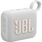 A compact red JBL Go 4 portable Bluetooth speaker with a fabric-covered design, rubberized edges, and a built-in carrying loop, resting on a flat surface.