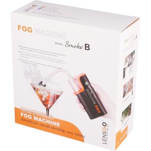 Compact handheld mini fog machine by LENSGO, emitting a dense cloud of smoke, ideal for photography, events, and creative effects.