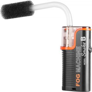Compact handheld mini fog machine by LENSGO, emitting a dense cloud of smoke, ideal for photography, events, and creative effects.