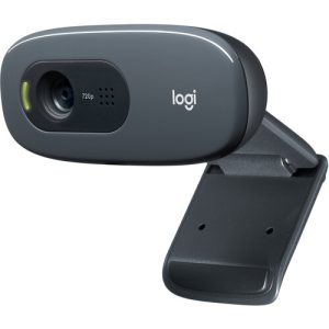 A black Logitech C270 HD webcam mounted on a laptop, featuring a compact design with a built-in microphone and 720p HD video quality.