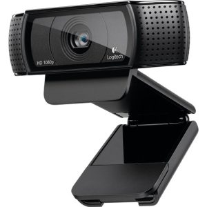 Logitech C920 Pro HD Webcam, featuring a full HD glass lens, dual microphones, and a universal mounting clip for easy setup on monitors or tripods