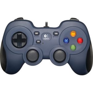 A Logitech F310 wired gamepad for PC gaming, featuring a black design with blue accents, two analog sticks, a D-pad, and 10 action buttons, including shoulder buttons and triggers.