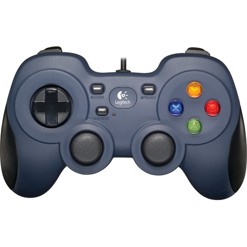A Logitech F310 wired gamepad for PC gaming, featuring a black design with blue accents, two analog sticks, a D-pad, and 10 action buttons, including shoulder buttons and triggers.