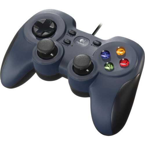 A Logitech F310 wired gamepad for PC gaming, featuring a black design with blue accents, two analog sticks, a D-pad, and 10 action buttons, including shoulder buttons and triggers.