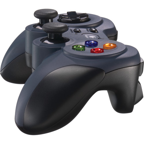 A Logitech F310 wired gamepad for PC gaming, featuring a black design with blue accents, two analog sticks, a D-pad, and 10 action buttons, including shoulder buttons and triggers.