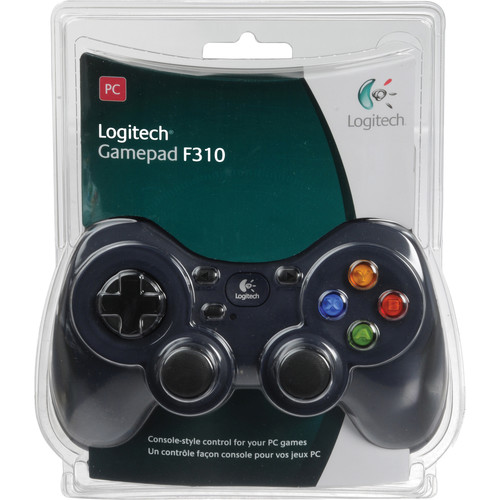A Logitech F310 wired gamepad for PC gaming, featuring a black design with blue accents, two analog sticks, a D-pad, and 10 action buttons, including shoulder buttons and triggers.