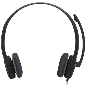 Logitech Stereo Headset H151 with adjustable headband, cushioned ear pads, and noise-canceling microphone.