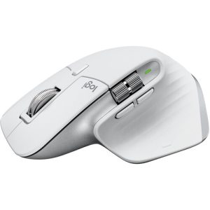 Logitech MX Master 3S for Mac Wireless Mouse in Pale Gray, showcasing its sleek design and ergonomic shape on a desk.