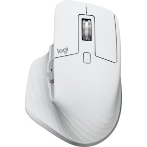 Logitech MX Master 3S for Mac Wireless Mouse in Pale Gray, showcasing its sleek design and ergonomic shape on a desk.