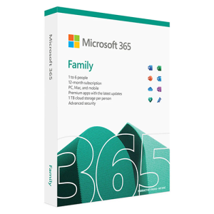 Microsoft 365 Family subscription box with a 12-month product key code, suitable for 6 PC or Mac devices.