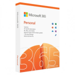 Microsoft 365 Personal subscription box with a 12-month license for 1 PC or Mac, featuring a product key code.