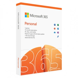 Microsoft 365 Personal subscription box with a 12-month license for 1 PC or Mac, featuring a product key code.