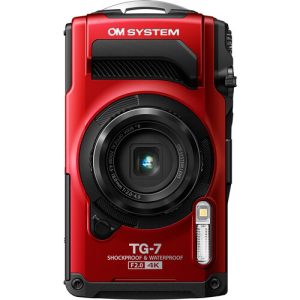OM SYSTEM Tough TG-7 rugged waterproof camera with macro mode, 4K video, and 15m depth rating for adventure photography.