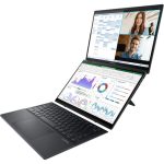 ASUS Zenbook Duo UX8406CA 14-inch dual-screen multi-touch laptop with keyboard, stylus support, and ergonomic hinge design.