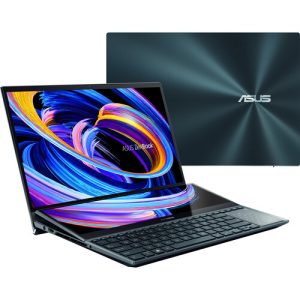 ASUS ZenBook Pro Duo 15 OLED laptop with dual 4K screens, multi-touch display, and sleek design, showcased by Camera Stuff Kenya.
