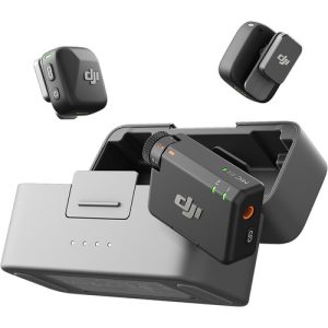 DJI Mic Mini wireless lavalier microphone system for cameras and smartphones, includes 2 compact mics with charging case for portable recording.