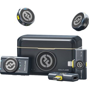 Hollyland LARK M2 DUO wireless lavalier microphone system for two persons, featuring compact transmitters, rechargeable case, and clear audio recording.