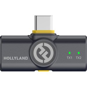 Hollyland LARK M2 DUO wireless lavalier microphone system for two persons, featuring compact transmitters, rechargeable case, and clear audio recording.