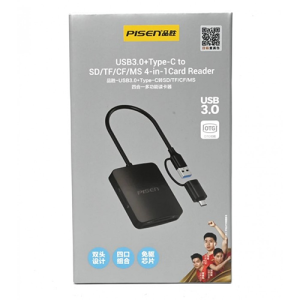 PISEN USB 3.0 4-in-1 Memory Card Reader supporting SD, MicroSD/TF, CF, and MS cards with USB-A and Type-C connectivity.