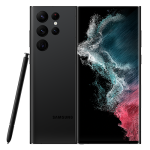 Samsung Galaxy S22 Ultra Phantom Black smartphone showcasing its 6.8-inch Dynamic AMOLED display, quad-camera setup, and embedded S Pen, displayed on a dark background.