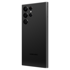 Samsung Galaxy S22 Ultra Phantom Black smartphone showcasing its 6.8-inch Dynamic AMOLED display, quad-camera setup, and embedded S Pen, displayed on a dark background.