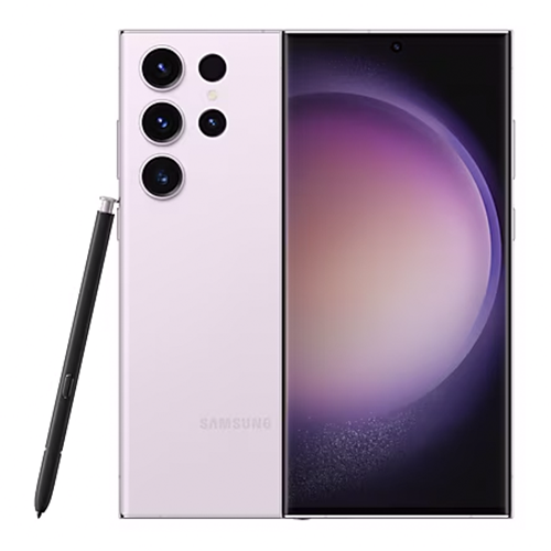 Samsung Galaxy S23 Ultra in Lavender color, refurbished model with 12GB RAM and 256GB storage, displayed on a clean background. Highlights include the quad-camera setup, S-Pen slot, and Dynamic AMOLED 2X screen.