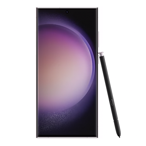 Samsung Galaxy S23 Ultra in Lavender color, refurbished model with 12GB RAM and 256GB storage, displayed on a clean background. Highlights include the quad-camera setup, S-Pen slot, and Dynamic AMOLED 2X screen.