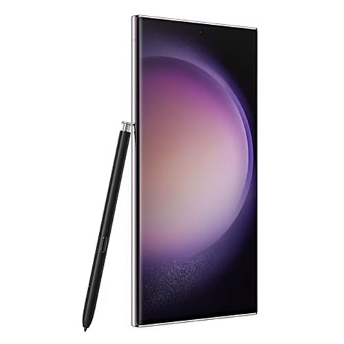 Samsung Galaxy S23 Ultra in Lavender color, refurbished model with 12GB RAM and 256GB storage, displayed on a clean background. Highlights include the quad-camera setup, S-Pen slot, and Dynamic AMOLED 2X screen.