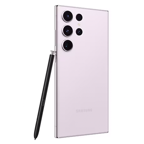 Samsung Galaxy S23 Ultra in Lavender color, refurbished model with 12GB RAM and 256GB storage, displayed on a clean background. Highlights include the quad-camera setup, S-Pen slot, and Dynamic AMOLED 2X screen.