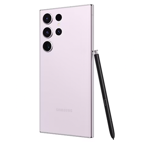 Samsung Galaxy S23 Ultra in Lavender color, refurbished model with 12GB RAM and 256GB storage, displayed on a clean background. Highlights include the quad-camera setup, S-Pen slot, and Dynamic AMOLED 2X screen.