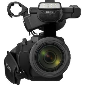 Sony HXR-NX3 NXCAM professional handheld camcorder with a 1/2.8-inch Exmor CMOS sensor, 20x optical zoom, and 3.5-inch LCD screen, ideal for broadcast and documentary filming.