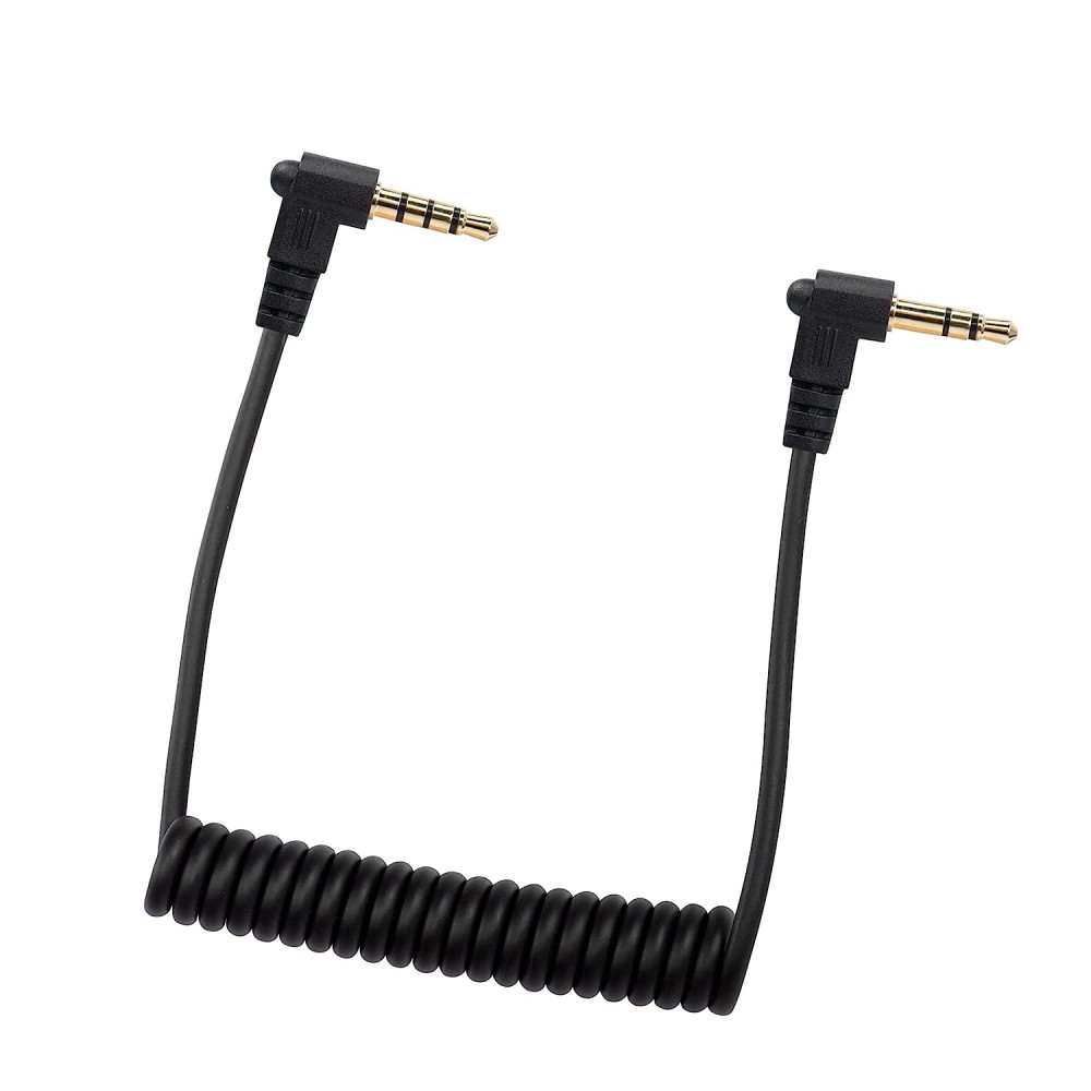 Black coiled audio cable with 3.5mm TRRS (4-pole) to TRS (3-pole) connectors for microphones, cameras, and audio devices.