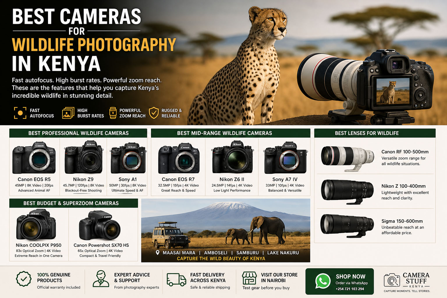Best cameras for wildlife photography in Kenya featuring professional mirrorless cameras and telephoto lenses for safari shooting
